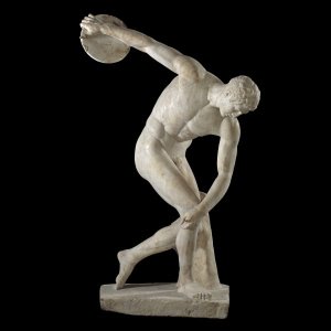 This Roman copy of the Discobolus of Myron, dated around 460~450 b.C., uses nudity to emphasize the athleticity of the statue, which is also portrayed in a stylized, dynamic pose.